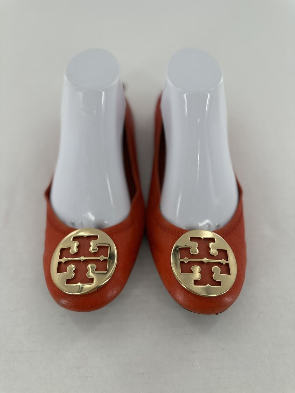 Tory Burch Flats Sz 8 Minnie Travel Orange Logo Office Classic Gold Logo Leather